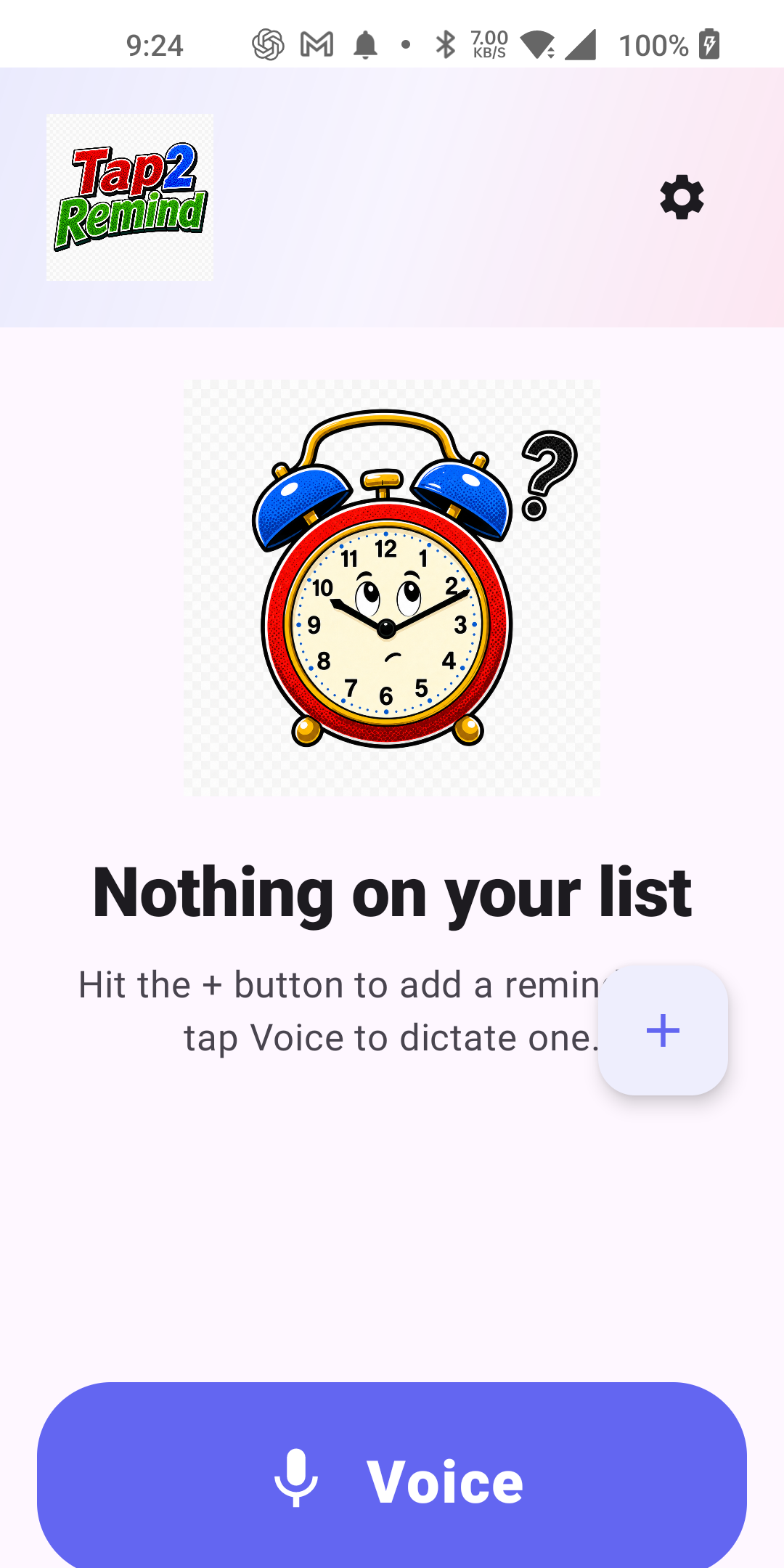 Tap2Remind home screen